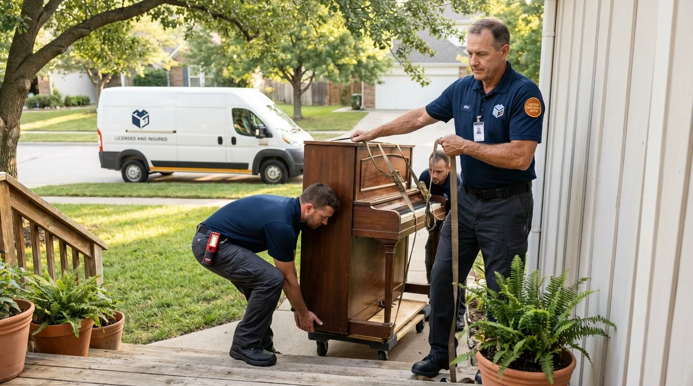 Licensed piano movers securing grand piano in New Johnsonville, TN