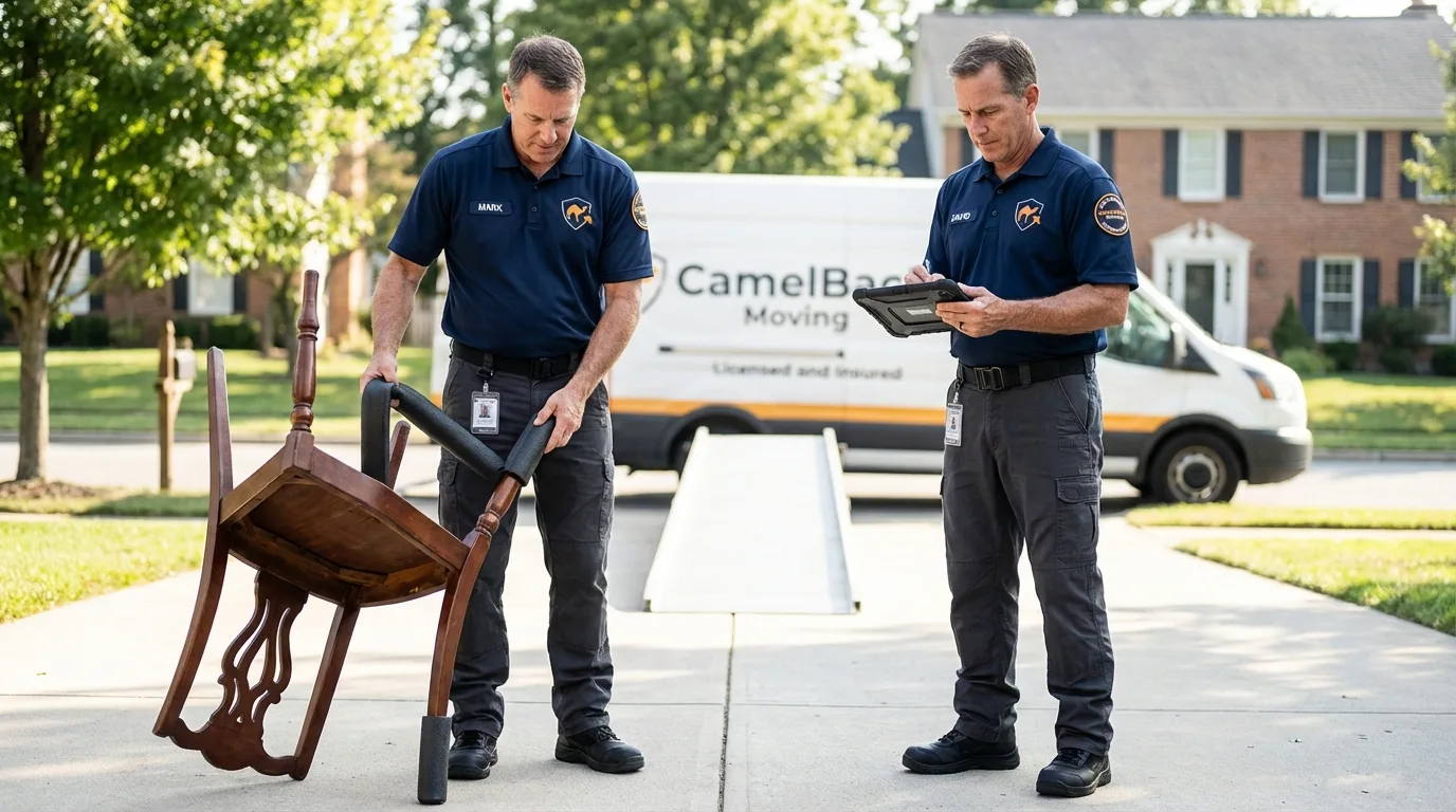 Movers inspecting furniture for damage prevention before loading in New Johnsonville, TN