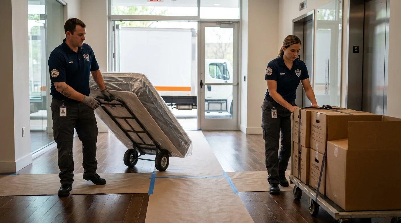 Professional apartment movers loading elevator in New Johnsonville, TN