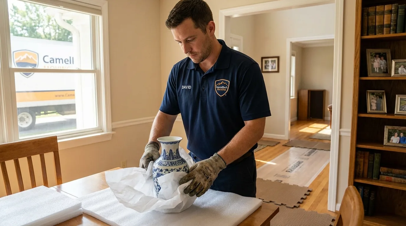 Professional crew carefully wrapping antique vase for senior downsizing move in New Johnsonville, TN